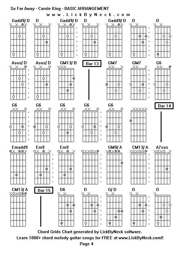 Chord Grids Chart of chord melody fingerstyle guitar song-So Far Away - Carole King - BASIC ARRANGEMENT,generated by LickByNeck software.